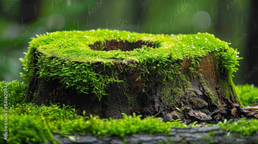 Fototapeta premium Tree stump covered with vibrant green moss, with numerous water droplets visible on the moss's surface, suggesting recent rain