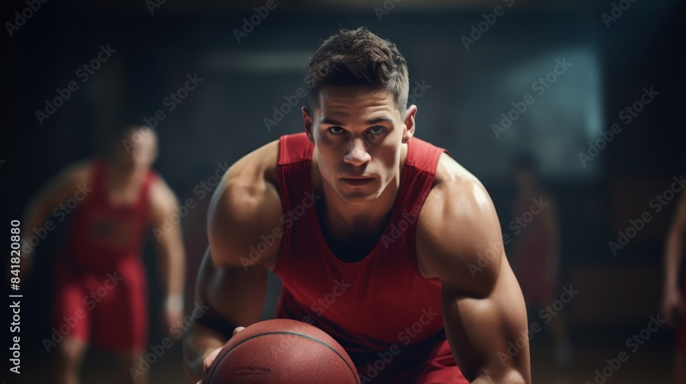 Young male basketball player dribbling the ball on a basketball court in action. Basketball match. Young male basketball player dribbling the ball on a basketball court in action. Basketball match.