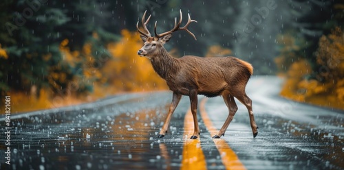 Deer crossing wet road in the rain