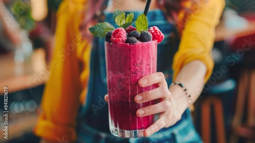 A person holding a tall glass of mixed berry smoothie, garnished with fresh berries and mint leaves.