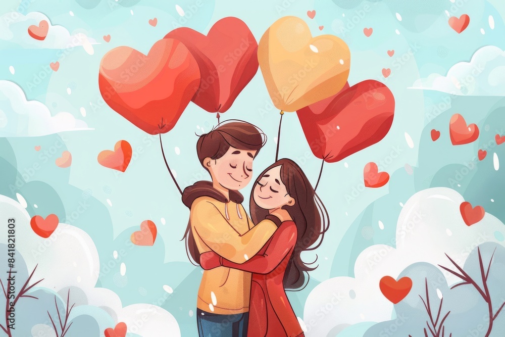 A heartwarming illustration of two cartoon characters embracing each other lovingly, surrounded by heart-shaped balloons for Valentine's Day. A heartwarming illustration of two cartoon characters embracing each other lovingly, surrounded by heart-shaped balloons for Valentine's Day.