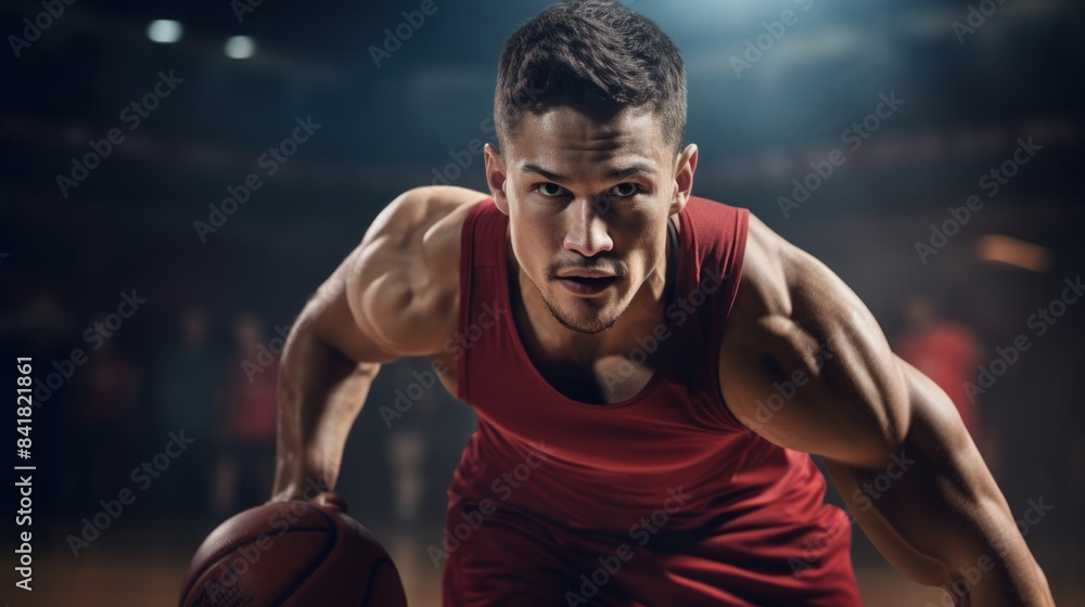 Young male basketball player dribbling the ball on a basketball court in action. Basketball match. Young male basketball player dribbling the ball on a basketball court in action. Basketball match.