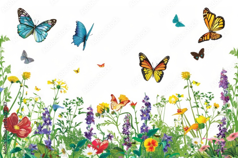 Experience the tranquility of a community garden as colorful butterflies dance amidst blooming flowers in this serene illustration. Experience the tranquility of a community garden as colorful butterflies dance amidst blooming flowers in this serene illustration.