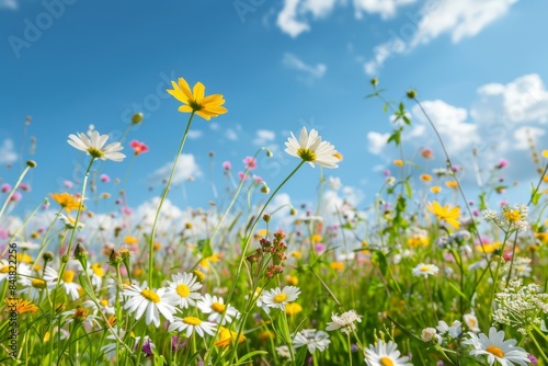 Immerse yourself in the tranquility of a peaceful countryside  adorned with vibrant blooming flowers and a clear blue sky  capturing the essence of Pierwszy dzie      Zielonych     wi     tek.