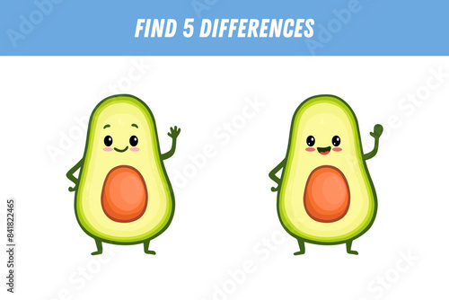 Find 5 differences between two pictures of cute green avocado. Cute avocado. Vector illustration photo