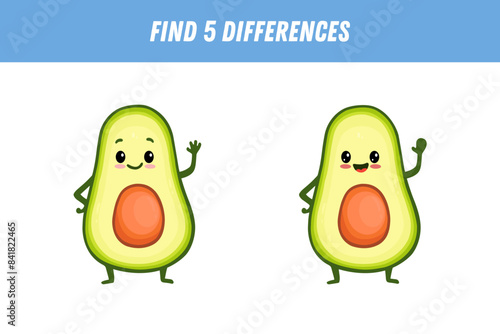 Find 5 differences between two pictures of cute green avocado. Cute avocado. Vector illustration