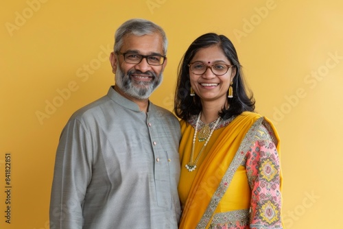 Portrait of a smiling indian couple in their 40s wearing a versatile buff over pastel yellow background