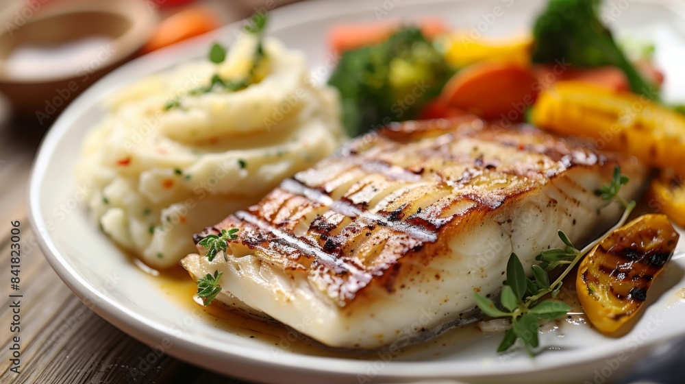 A plate of grilled fish fillets served with a side of creamy mashed potatoes and steamed vegetables. A plate of grilled fish fillets served with a side of creamy mashed potatoes and steamed vegetables.
