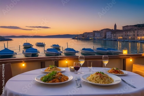 Beatifull sunset in an Italian restoraunt with a sea view photo