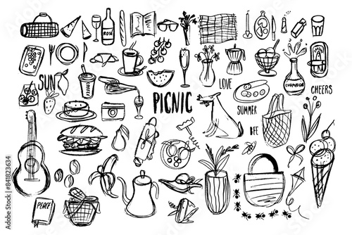 Set of picnic doodle icon. Outdoor Vector illustration collection. Hand drawn line art style banner. Sketch