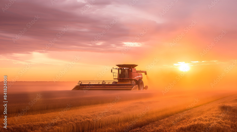Fototapeta premium Combine Harvester Working on Soybean Field During Sunset, Agricultural Machinery in Action