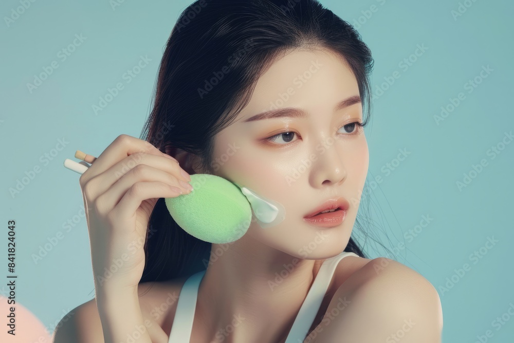 Skincare concept, beauty concept, young beautiful Asian long-haired woman using green beauty products on a beige background, holding a makeup brush and skin cream. Skincare concept, beauty concept, young beautiful Asian long-haired woman using green beauty products on a beige background, holding a makeup brush and skin cream.