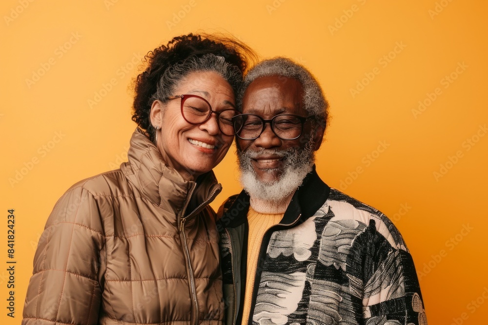 Portrait of a content multicultural couple in their 50s sporting a quilted insulated jacket isolated on pastel yellow background Portrait of a content multicultural couple in their 50s sporting a quilted insulated jacket isolated on pastel yellow background
