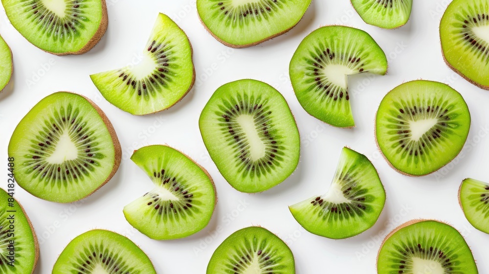 Fototapeta premium Kiwi fruit slices viewed from above on a white background