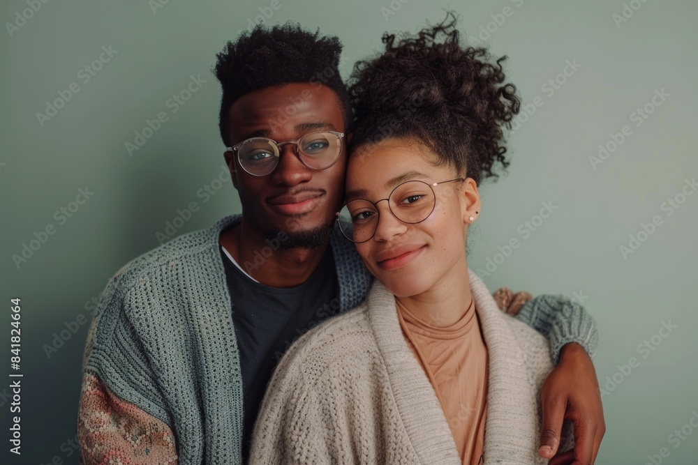 Portrait of a satisfied mixed race couple in their 20s wearing a chic cardigan isolated in pastel green background Portrait of a satisfied mixed race couple in their 20s wearing a chic cardigan isolated in pastel green background