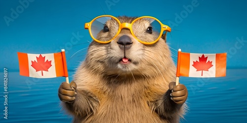 Joyful Canadian beaver with maple leaf glasses at a mountain lake for Canada Day
