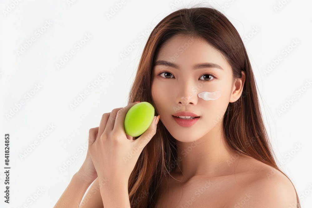 Skincare concept, beauty concept, young beautiful Asian long-haired woman using green beauty products on a beige background, holding a makeup brush and skin cream. Skincare concept, beauty concept, young beautiful Asian long-haired woman using green beauty products on a beige background, holding a makeup brush and skin cream.