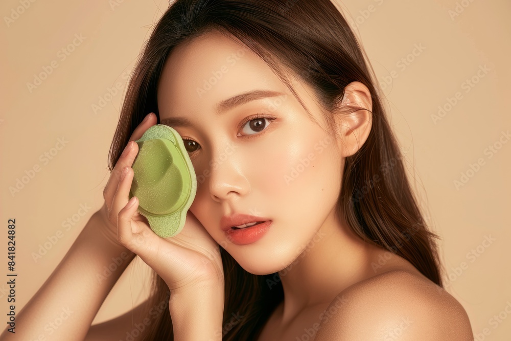 Skincare concept, beauty concept, young beautiful Asian long-haired woman using green beauty products on a beige background, holding a makeup brush and skin cream. Skincare concept, beauty concept, young beautiful Asian long-haired woman using green beauty products on a beige background, holding a makeup brush and skin cream.