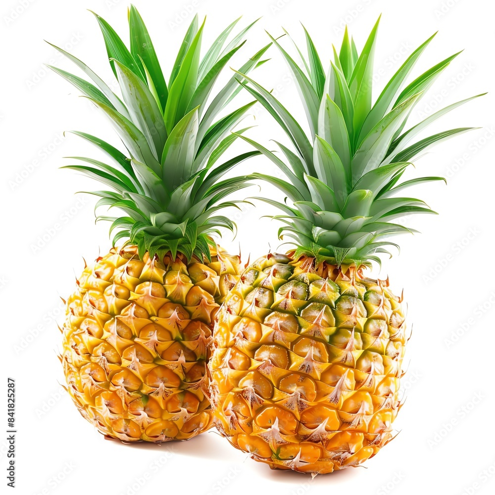 Fototapeta premium Tropical pineapples with spiky green leaves, isolated on a solid white background, showcasing their unique texture and vibrant yellow color, perfect for exotic fruit themes
