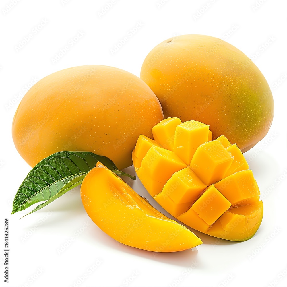 Bright and juicy mangoes, both whole and sliced, isolated on a white background, highlighting their rich orange color and tropical appeal, ideal for summer and dessert visuals Bright and juicy mangoes, both whole and sliced, isolated on a white background, highlighting their rich orange color and tropical appeal, ideal for summer and dessert visuals