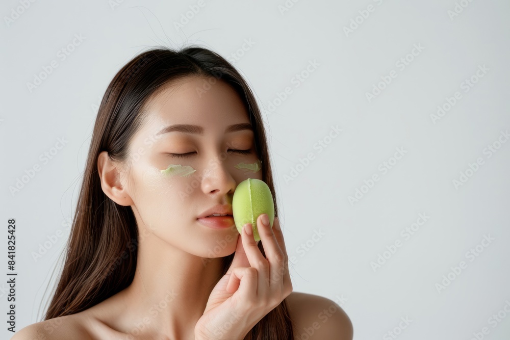 Skincare concept, beauty concept, young beautiful Asian long-haired woman using green beauty products on a beige background, holding a makeup brush and skin cream. Skincare concept, beauty concept, young beautiful Asian long-haired woman using green beauty products on a beige background, holding a makeup brush and skin cream.