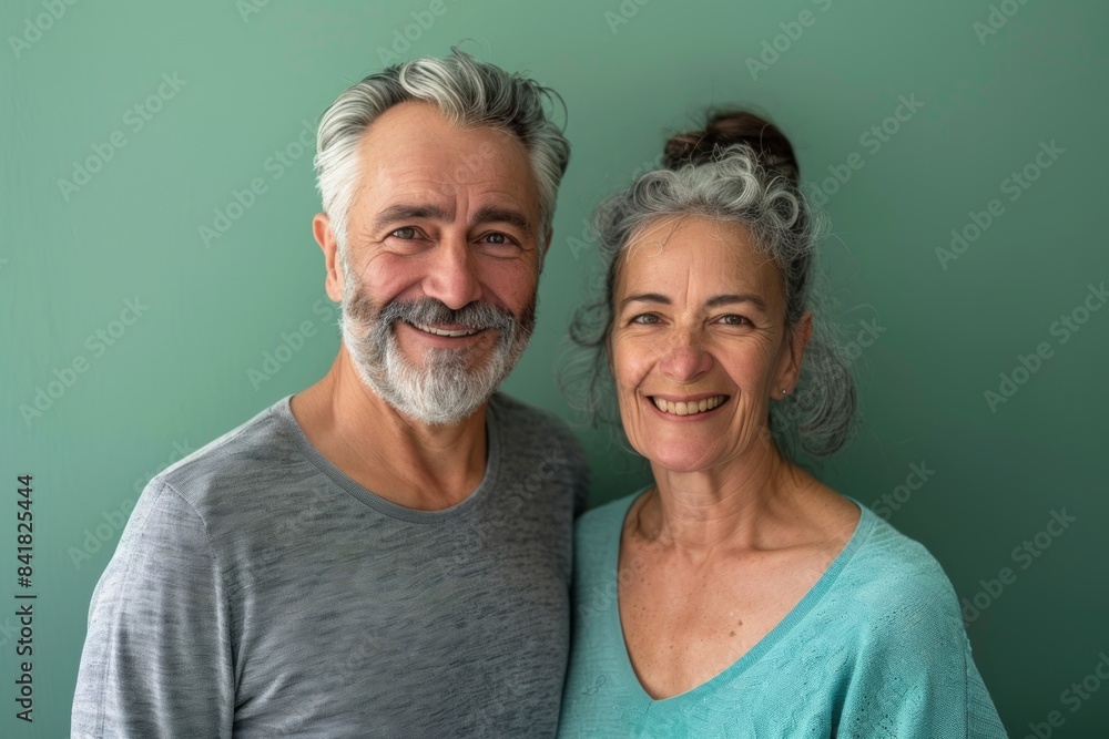 Portrait of a grinning multiethnic couple in their 40s showing off a thermal merino wool top in front of pastel green background Portrait of a grinning multiethnic couple in their 40s showing off a thermal merino wool top in front of pastel green background