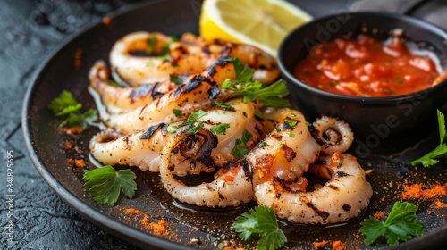 A plate of grilled squid served with a wedge of lemon and dipping sauce, ready to be enjoyed as a tasty appetizer.