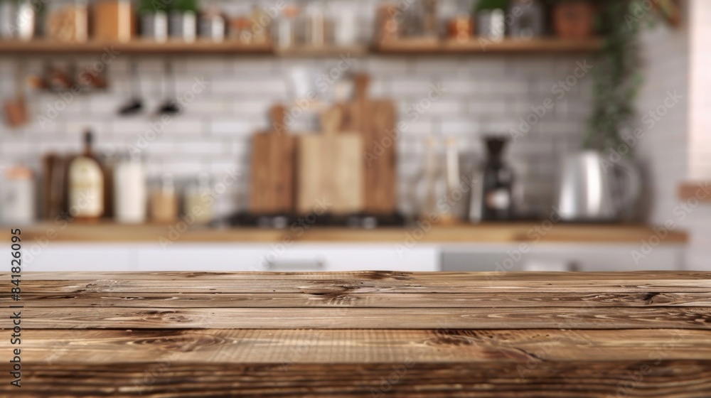 Fototapeta premium Rustic Kitchen Countertop with Blurred Background, Generative AI
