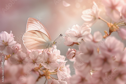A serene scene capturing the delicate beauty of a translucent butterfly perched on blush pink cherry blossoms, with soft sunlight filtering through a dreamy background