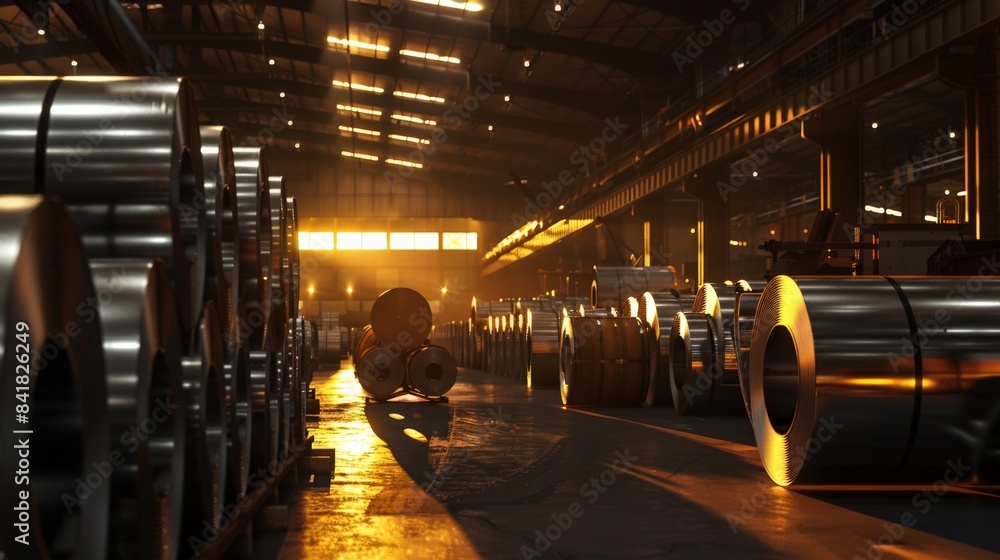 A large factory with many rolls of metal A large factory with many rolls of metal