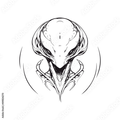 UFO alien icon black isolated on white background Vector Illustration in black. Perfect for sci-fi, space, paranormal themed designs. Vintage monochrome alien