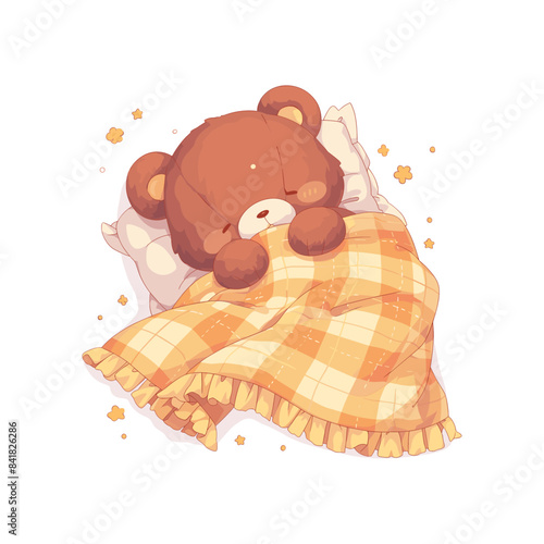 Vector Cute teddy bear sleeping holding a pillow and 
hugs the blanket good night and sweet dream illustration isolated on white background