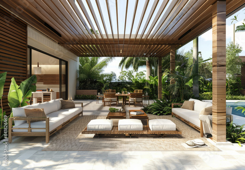 Beautiful modern wooden terrace with garden and swimming pool © Kien