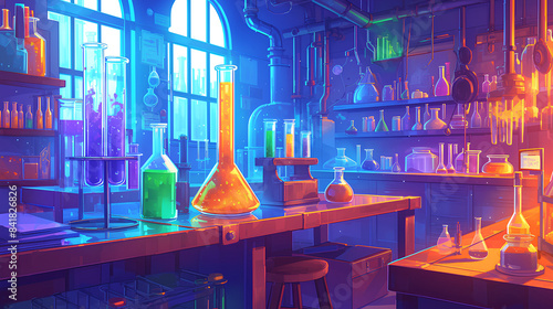 colored potion bottles in laboratory background