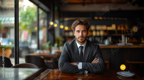 The businessman sit at a table, hands clasped together, dressed in a suit and tie, for discussions on business meetings, legal consultations, or high-end service environments for busine, Generative AI photo