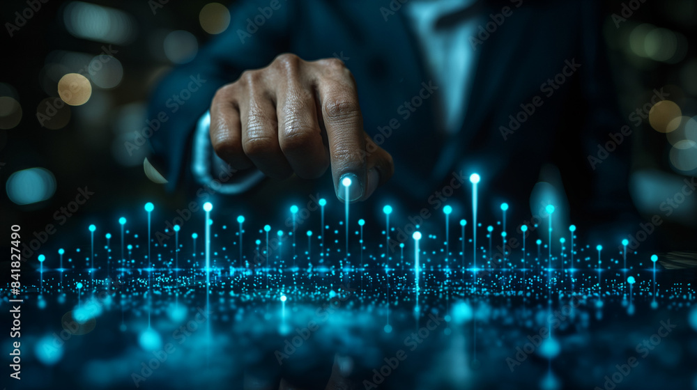 Investment consultant pointing at a growing financial graph with icons of profitability, Generative AI Investment consultant pointing at a growing financial graph with icons of profitability, Generative AI
