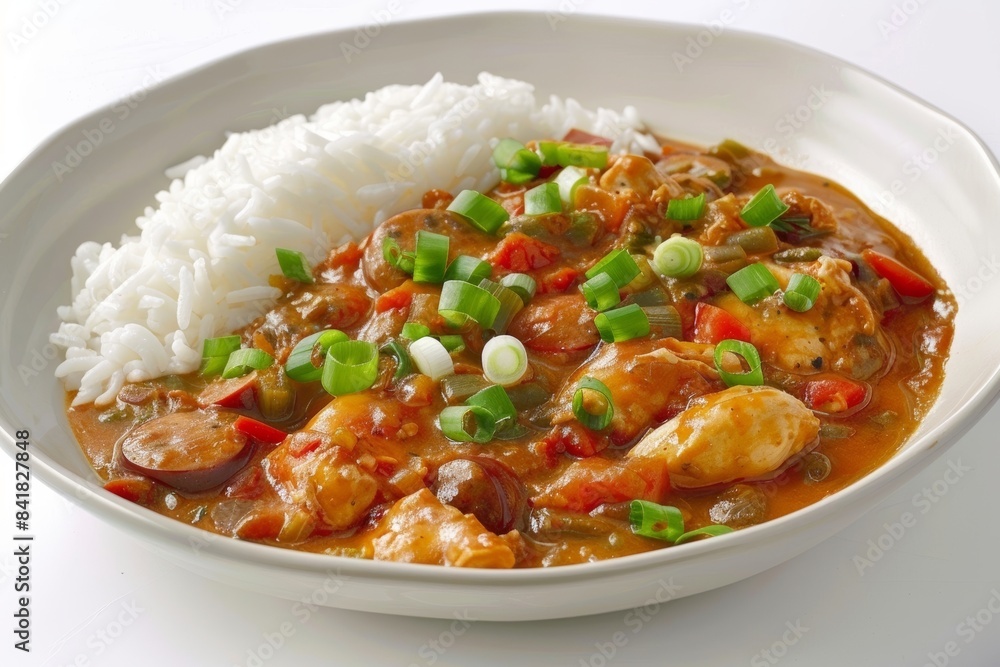 Tempting Bang! Gumbo with Chicken, Andouille Sausage, and Okra in Elegant Bowl Tempting Bang! Gumbo with Chicken, Andouille Sausage, and Okra in Elegant Bowl