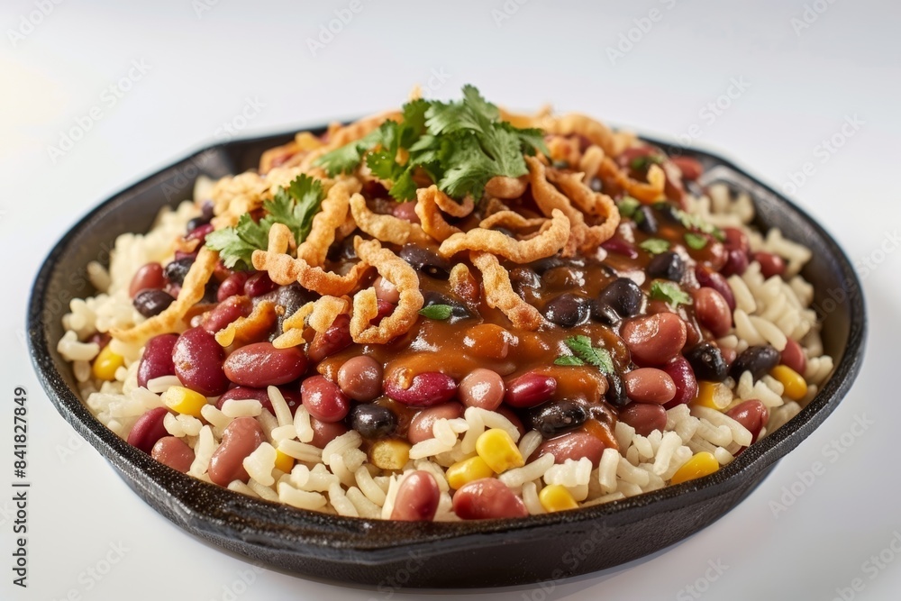 Rustic Skillet of Bandito Baked Beans with Aromatic Jasmine Rice and Molasses Drizzle Rustic Skillet of Bandito Baked Beans with Aromatic Jasmine Rice and Molasses Drizzle