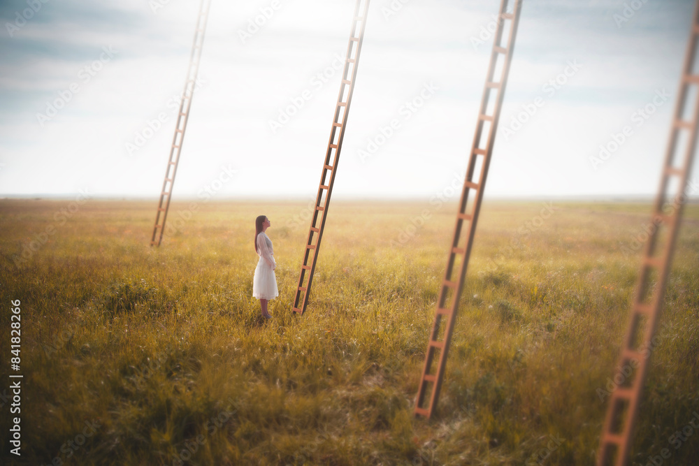 Ταπετσαρία woman chooses a surreal ladder out of many that descend from the sky, business c
