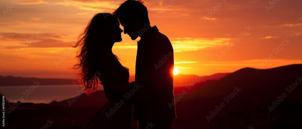 SIlhouette Romantic couple lovers hug and kiss SIlhouette Romantic couple lovers hug and kiss