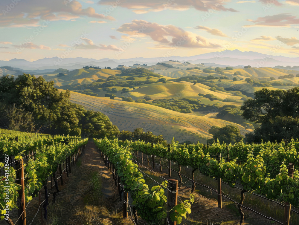 Fototapeta premium Vineyards on Rolling Hills, Generative AI Illustration