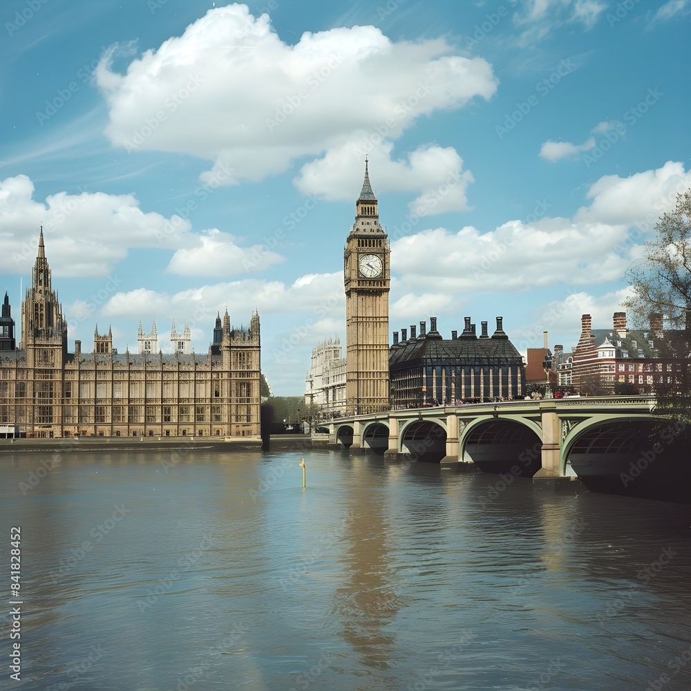 Fototapeta premium Iconic British Parliament Building with Big Ben Tower and Westminster Bridge Over Thames River