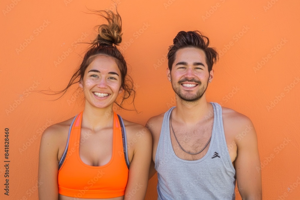 Portrait of a satisfied couple in their 20s wearing a lightweight running vest isolated on pastel orange background Portrait of a satisfied couple in their 20s wearing a lightweight running vest isolated on pastel orange background