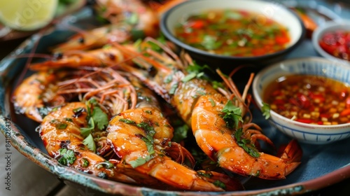 A plate of spicy grilled freshwater prawns served with a tangy dipping sauce, tantalizing the taste buds with each bite.