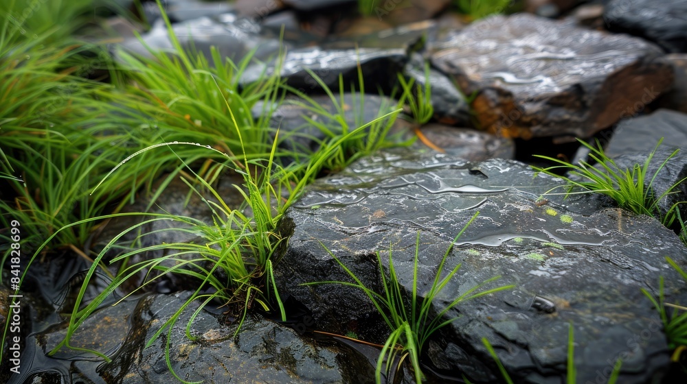 Grass naturally sprouts among rocks at the arrival of the initial rainfall in the season Grass naturally sprouts among rocks at the arrival of the initial rainfall in the season