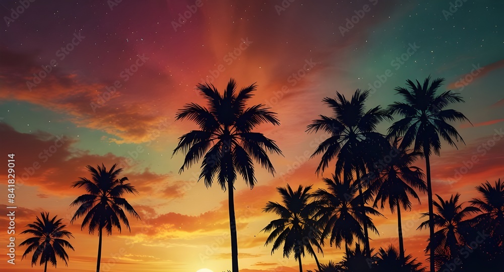 3d illustration silhouette of palm trees on a colorful, star filled sky background with the sun 3d illustration silhouette of palm trees on a colorful, star filled sky background with the sun