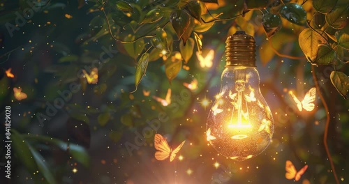 A light bulb hanging from leaves, glowing butterflies flying around it, dark background, cinematic lighting, beautiful.