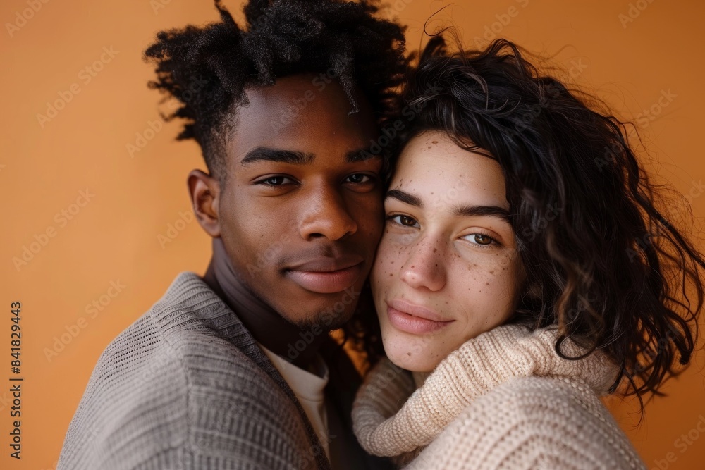 Portrait of a tender mixed race couple in their 20s wearing a thermal fleece pullover in front of pastel orange background Portrait of a tender mixed race couple in their 20s wearing a thermal fleece pullover in front of pastel orange background