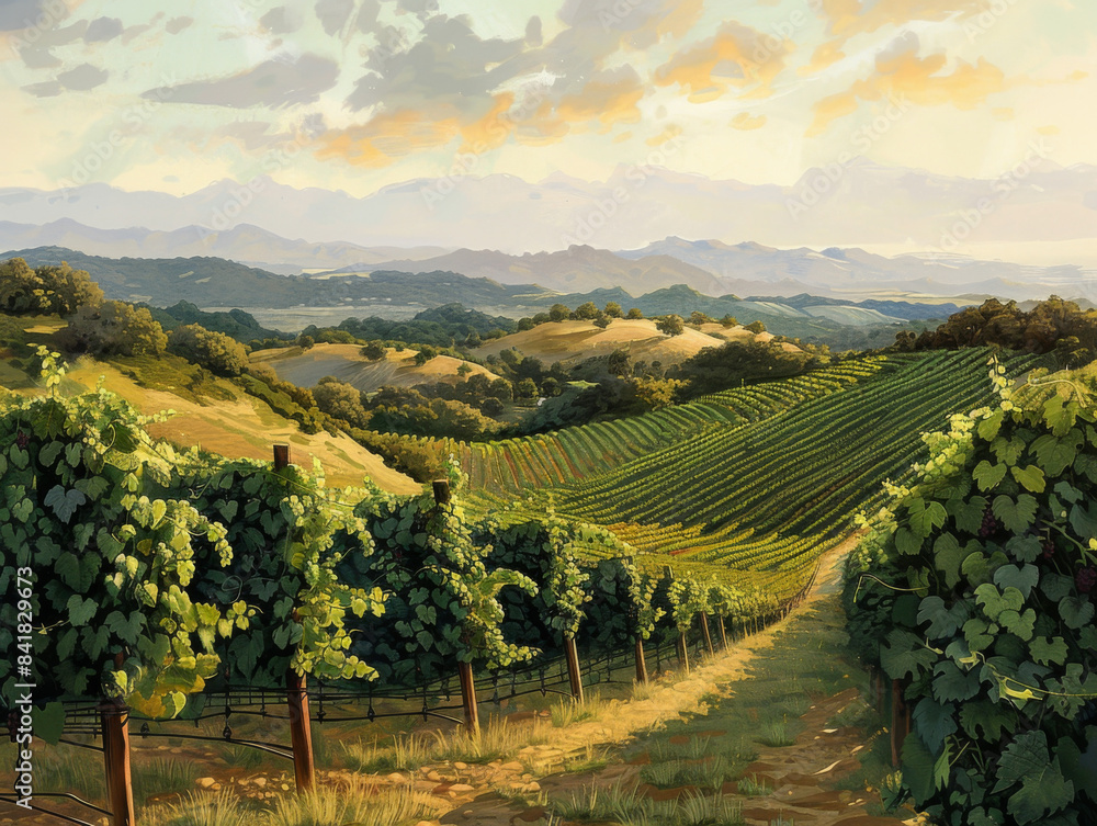 Fototapeta premium Vineyards on Rolling Hills, Generative AI Illustration