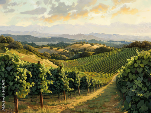 Vineyards on Rolling Hills, Generative AI Illustration